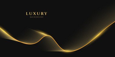Siyah arka planda parlak altın çizgileri olan soyut lüks. Pankart, poster, kapak, broşür, broşür, web sitesi için altın çizgilerin gelecekteki arkaplanı