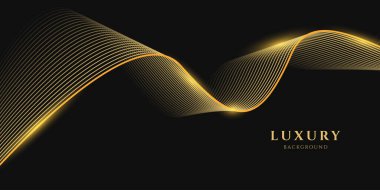 Siyah arka planda parlak altın çizgileri olan soyut lüks. Pankart, poster, kapak, broşür, broşür, web sitesi için altın çizgilerin gelecekteki arkaplanı