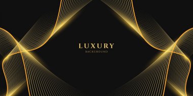 Siyah arka planda parlak altın çizgileri olan soyut lüks. Pankart, poster, kapak, broşür, broşür, web sitesi için altın çizgilerin gelecekteki arkaplanı