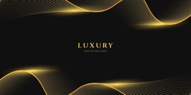 Siyah arka planda parlak altın çizgileri olan soyut lüks. Pankart, poster, kapak, broşür, broşür, web sitesi için altın çizgilerin gelecekteki arkaplanı