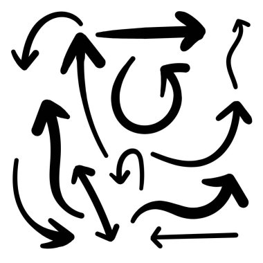 El çizimi ok çizgi elementleri koleksiyonu. Siyah ok simgesi beyaz arkaplanda izole edildi. İş planı ve eğitim için tasarım. Vektör illüstrasyonu
