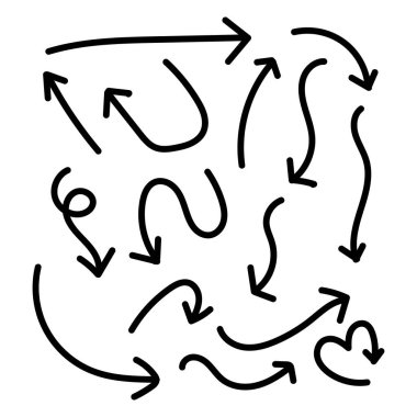 El çizimi ok çizgi elementleri koleksiyonu. Siyah ok simgesi beyaz arkaplanda izole edildi. İş planı ve eğitim için tasarım. Vektör illüstrasyonu