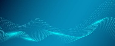 Koyu mavi arka plan gelecek teknoloji konsepti. Soyut dinamik dalga akış parçacığı. Pankart, poster, kapak, broşür, broşür, web sitesi için uygun
