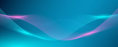 Koyu mavi arka plan gelecek teknoloji konsepti. Soyut dinamik dalga akış parçacığı. Pankart, poster, kapak, broşür, broşür, web sitesi için uygun