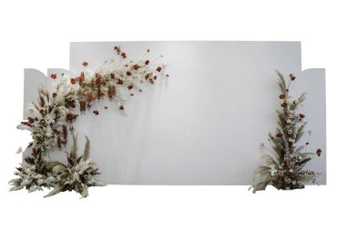 Beyaz arka planda izole edilmiş kuru çiçek ve böğürtlen içeren düğün arkaplanı kırmızı kavramı, kırpma yolu