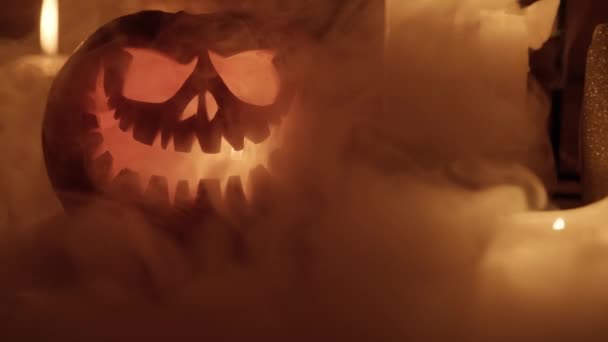 Halloween Holiday Attributes Halloween Carved Pumpkin Candles Smoke Dark Scene — Stock Video