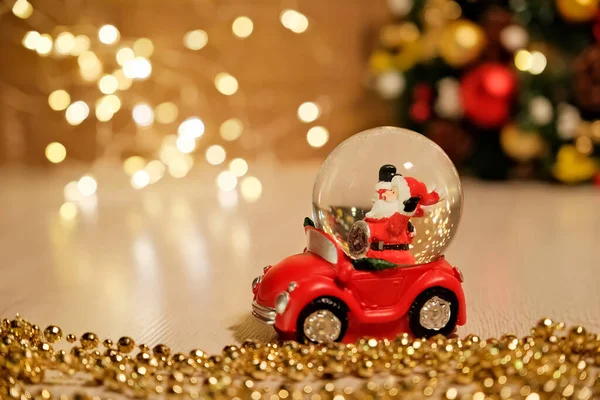 New Year Toy Santa Claus Driving Car Glass Bowl — Stock Photo, Image