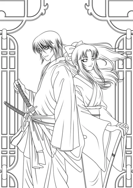Coloring Page Samurai Couple — Stock Photo, Image