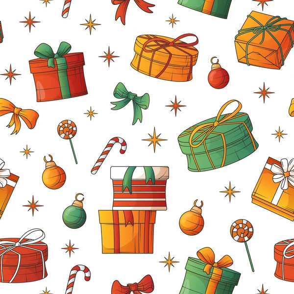 プレゼント おもちゃでベクトルシームレスパターン ファブリックデザイン 包装紙 クリスマスと新年の装飾のためのクリスマスパターン ギフトボックス — ストックベクタ
