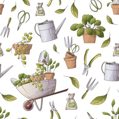 Bahçe aletleri ile vektör kusursuz desen. Beyaz arka planda izole edilmiş makas, kürek, tencere. Çiçek. Kumaş, tekstil, ambalaj kağıdı, kapak, kart, poster.