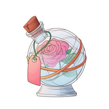 Elle çizilmiş cam mataranın gül ile çizilmiş hali. Cam şişedeki çiçek. Tasarım, poster, afiş, kart, çiçekçi dükkanı dekorasyonu için Sevgililer Günü ve düğün için kullan.