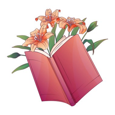 Nilüfer çiçekleri ve yapraklarıyla açık kitabın izole edilmiş vektör çizimi. Kitapçı, kütüphane, kart tasarımı, poster, pankart dekorasyonu için elle çizilmiş illüstrasyon.