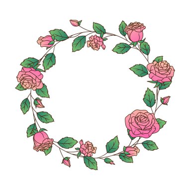 Gül ve yaprakların resmedildiği çiçek vektör çelengi. Çiçekli çelenkler icat tasarımı, kart dekorasyonu ve poster için kullanılır. Mesaj için yer. Çiçekçi dükkanı konsepti.