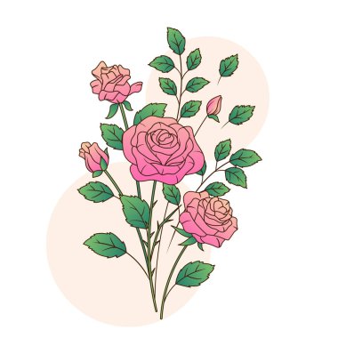Gül çiçekli ve yapraklı bir buket. Romantik olaylar için çiçeklerin parlak vektör çizimi tasarım, kart, poster, afiş, çiçekçi dekorasyonu.