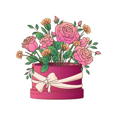 Bir buket gül çiçeği ve yapraklı kutunun vektör çizimi. Romantik olayların tasarımı için parlak bir hediye, kart, poster. Çiçekçi dükkanı konsepti.