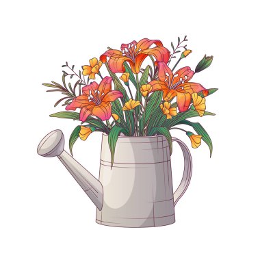 Zambak çiçekleri ve yapraklarla sulama kutusunun vektör çizimi. Çiçek aranjmanı. Kart tasarımı, çiçekçi dükkanı dekorasyonu, afiş, poster