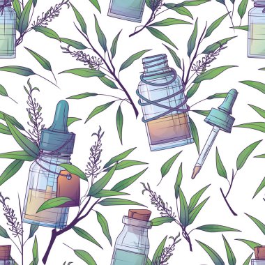 Çay ağacı yapraklarının resmedildiği kusursuz bir desen, cam yağ şişesi. Gerekli petrol arka planı. Kumaş tasarımı, tekstil, temel yağ tasarımı, ambalaj, ambalaj kağıdı dekorasyonu için.