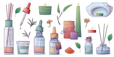 Aromaterapi elementlerinin izole edilmiş vektör örneklerinin toplanması. Mum, aroma lambası, gerekli yağlar. Damlatıcılı, pipetli, difüzörlü cam şişe. Kozmetik, parfüm ve aromaterapi kavramı.