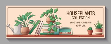 Kitapların kompozisyonu ve çiçekli kupa. Vektör illüstrasyon yığını. Gül çiçeği. Kitapçı, kitapçı, kütüphane konsepti.