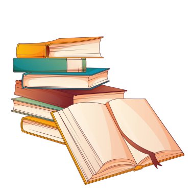 Kitapların kompozisyonu ve çiçekli kupa. Vektör illüstrasyon yığını. Gül çiçeği. Kitapçı, kitapçı, kütüphane konsepti.