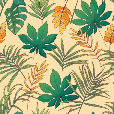 Yapraklı kusursuz desen. Avuç içi, aralia palmiyesi ve canavarın vektör çizimi. Kumaş, tekstil, ambalaj kağıdı, kapak, paket için. Tropik yapraklar.