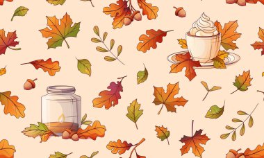 Farklı sonbahar elementleri olan kusursuz bir model. Elle boyanmış dökülen yapraklar, bir fincan sıcak içecek, yanan mum ışığı. Kumaş, tekstil, ambalaj kağıdı, poster ve afiş tasarımı için..
