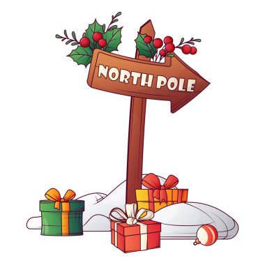 Kış kompozisyonu ve ahşap tabelanın vektör çizimi. Hediye kutuları, Holly, kar. Mutlu Noeller, yeni yıl konsepti. Kart tasarımı, poster dekorasyonu için.