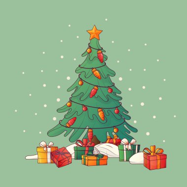 Hediye kutuları, yıldızları, ışıkları olan süslü Noel ağacı kompozisyonu. 