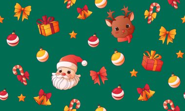 Hediyelerin, yayların, oyuncakların vektör çizimleriyle kusursuz bir Noel deseni. Kumaş tasarımı, ambalaj kağıdı, Noel ve Yeni Yıl dekorasyonu. Hediye kutuları.