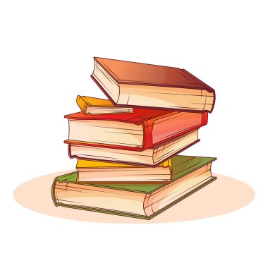 Beyaza izole edilmiş kitap yığınının vektör çizimi. İç dekorasyon için kullan. El çizimi renkli kitaplar. Kitapçı, kitapçı, kütüphane, rahat ev konsepti..