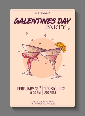 Galentines Günü için davetiye tasarımı şablonu. Bardaktaki kokteylin vektör illüstrasyonu.