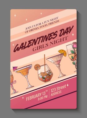 Bardaktaki kokteyllerin vektör çizimi. Galentines Günü için davet tasarımı şablonu.
