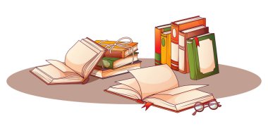 Dik duran kitapların vektör illüstrasyonuyla kompozisyon, kitap yığını, beyaz arkaplanda izole edilmiş açık kitap. Kitap sever, kitapçı, kütüphane konsepti.