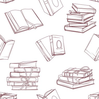Renkli kitaplar ve kitap yığınlarıyla kusursuz bir desen, beyaza izole edilmiş açık bir kitap. Tasarım, tekstil dekorasyonu, ambalaj kağıdı. Kitap sever, kitapçı, kütüphane konsepti.
