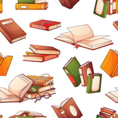 Renkli kitaplar ve kitap yığınlarıyla kusursuz bir desen, beyaza izole edilmiş açık bir kitap. Tasarım, tekstil dekorasyonu, ambalaj kağıdı. Kitap sever, kitapçı, kütüphane konsepti.