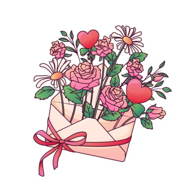 Gül çiçekleri ve yapraklı zarfın vektör çizimi. Çiçekçi dükkanı dekorasyonu, kartlar, davetiyeler, afişler için mükemmel. Sevgililer Günü için, Anneler Günü için. Bahar