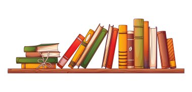 Kitaplık kompozisyonunun vektör illüstrasyonu. Renkli ayakta duran kitaplar, beyaz arka planda izole edilmiş ipli kitaplar. Kitap sever, kitapçı, kütüphane konsepti.