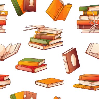 Renkli kitaplar ve kitap yığınlarıyla kusursuz bir desen, beyaza izole edilmiş açık bir kitap. Kitap sever, kitapçı, kütüphane, okuma konsepti.
