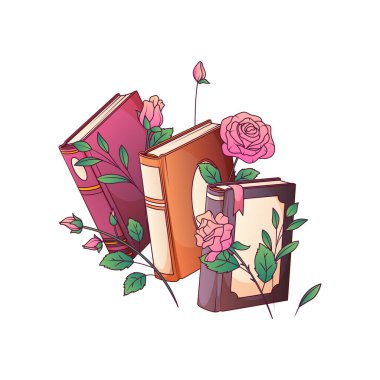 Beyaz arkaplanda gül çiçekleri olan kitapların vektör illüstrasyonu.