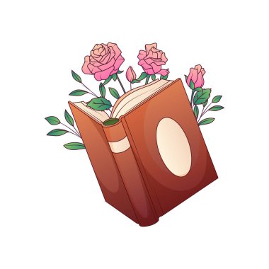 Beyaz üzerinde gül çiçekleri olan açık kitabın vektör illüstrasyonu.