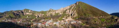 Top view of the town of Goris and the Medieval Goris Cave Dwellings on its outskirts. Armenia