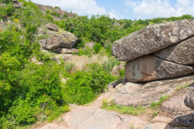Ukrayna 'nın Mykolaiv Oblastı' nın Voznesenskyi bölgesindeki Arbuzynka nehri yakınlarındaki Trykraty köyü yakınlarındaki Arbuzynsky kanyonunda büyük pürüzsüz taşlar.