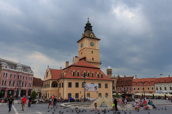 Consular Square of the city of Brasov in the evening before a thunderstorm. June 27, 2019