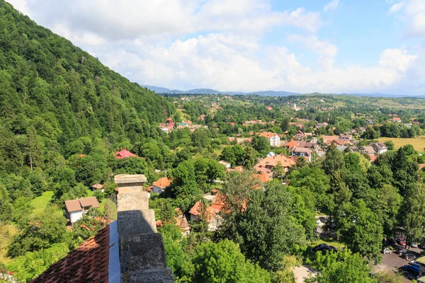 Pohled Výšky Vesnice Bran Kde Nachází Slavný Drákulův Hrad Transylvánie — Stock fotografie