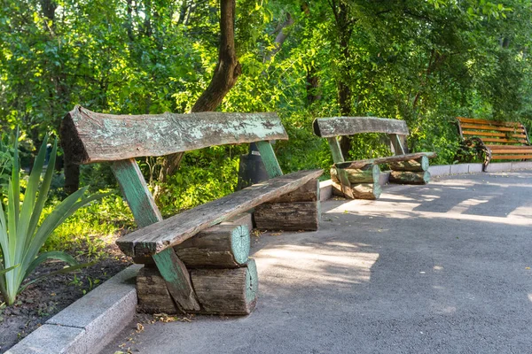 Wooden Bench Park Summer Day Nature Background — Stock Photo, Image