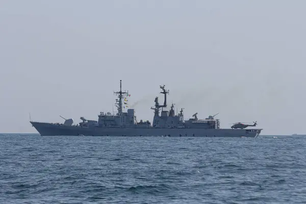 stock image A military ship of the Naval Forces of Ukraine at a military parade in the city of Odesa. Ukraine. August 24, 2021