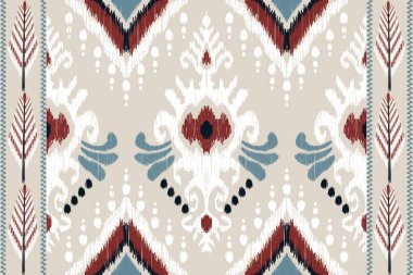 Gri arka plana Ikat çiçekli desenli nakış. Geometrik etnik oryantal desen geleneği. Doku, kumaş, giysi, dekorasyon, eşarp için tasarım..