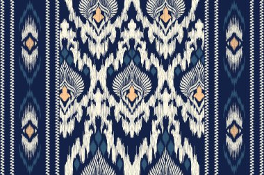 Ikat çiçekli desenli lacivert arkaplan nakışı. Geometrik etnik oryantal desen geleneği. Soyut, vektör, illüstrasyon. Doku, kumaş, giysi, ambalaj, dekorasyon için tasarım..