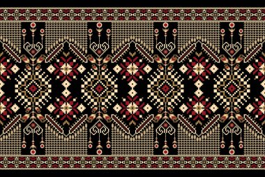 Siyah arka plana Arabesque çiçekli çapraz dikiş nakışı. Geometrik etnik oryantal desen geleneği. Doku, kumaş, giysi, dekorasyon, halı tasarımı..