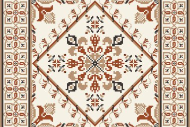 Geometrik etnik çiçek haçı işlemesi beyaz arka plan üzerinde .oryantal desen geleneği. Doku, kumaş, giysi, ambalaj, dekorasyon, eşarp için tasarım.